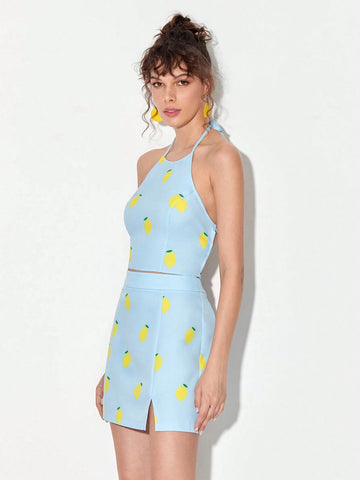 Lemon Print Halter Top & Split Hem Skirt
