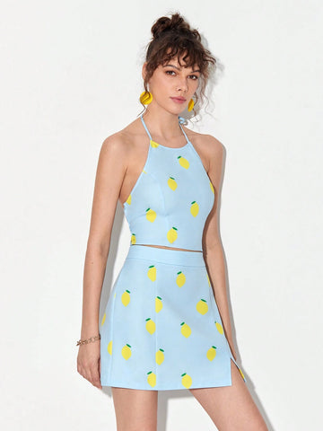 Lemon Print Halter Top & Split Hem Skirt