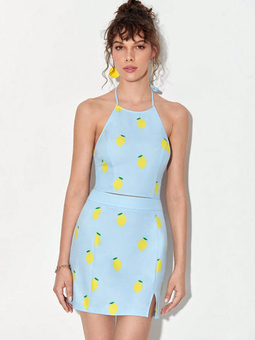 Lemon Print Halter Top & Split Hem Skirt