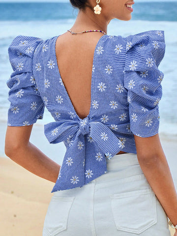 Floral Print Puff Sleeve Crop Blouse