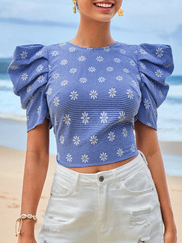 Floral Print Puff Sleeve Crop Blouse