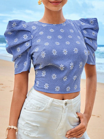 Floral Print Puff Sleeve Crop Blouse