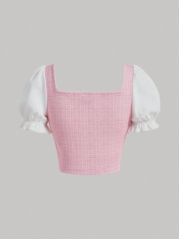 Bow Front Eyelet Embroidery Puff Sleeve Blouse