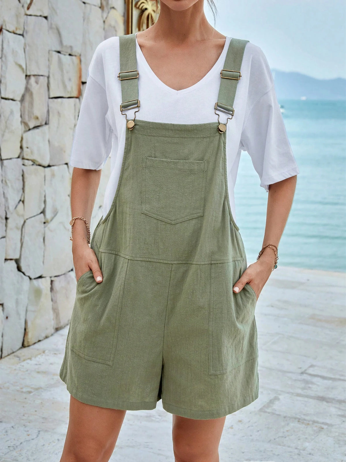 EMERY ROSE Solid Pocket Patched Pinafore Romper Without Tee