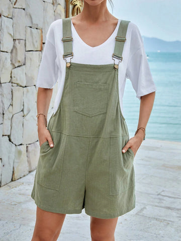 EMERY ROSE Solid Pocket Patched Pinafore Romper Without Tee