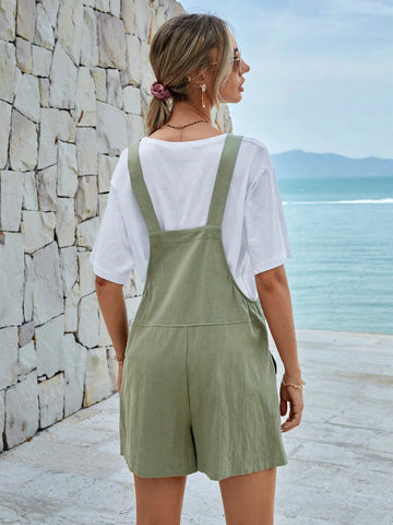 EMERY ROSE Solid Pocket Patched Pinafore Romper Without Tee