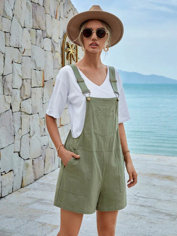 EMERY ROSE Solid Pocket Patched Pinafore Romper Without Tee