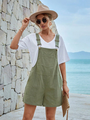 EMERY ROSE Solid Pocket Patched Pinafore Romper Without Tee