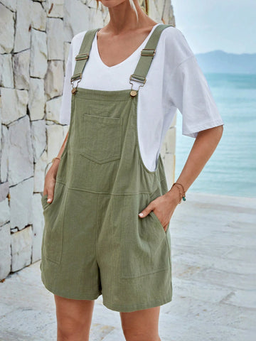 EMERY ROSE Solid Pocket Patched Pinafore Romper Without Tee