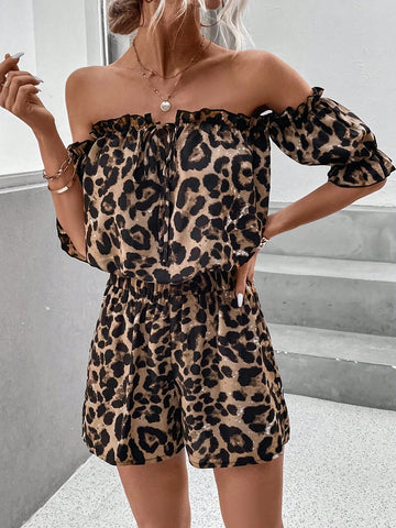 EMERY ROSE Leopard Print Off Shoulder Frill Trim Knot Front Top & Shorts