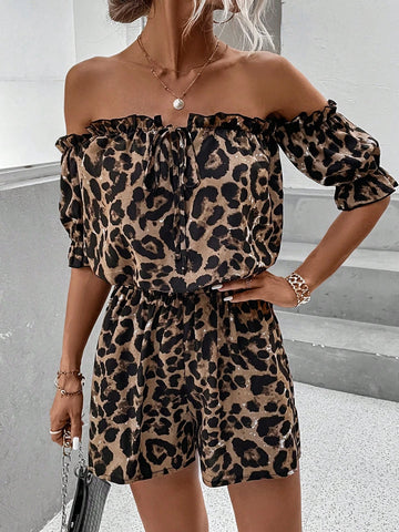 EMERY ROSE Leopard Print Off Shoulder Frill Trim Knot Front Top & Shorts