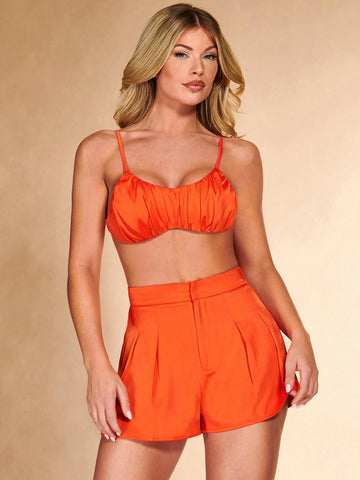 Ruched Bust Crop Cami Top & Fold Pleated Shorts