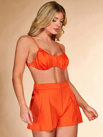 Ruched Bust Crop Cami Top & Fold Pleated Shorts