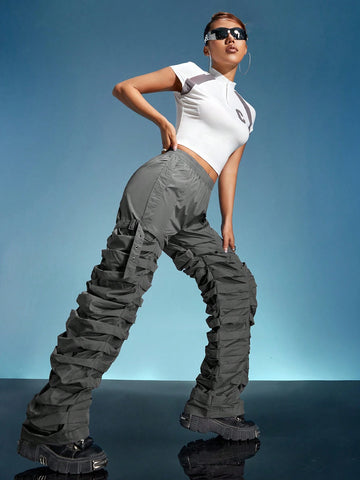ICON Solid Ruched Stacked Pants