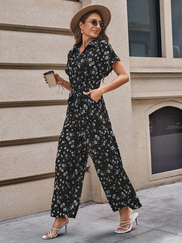 EMERY ROSE Ditsy Floral Print Belted Shirt Jumpsuit