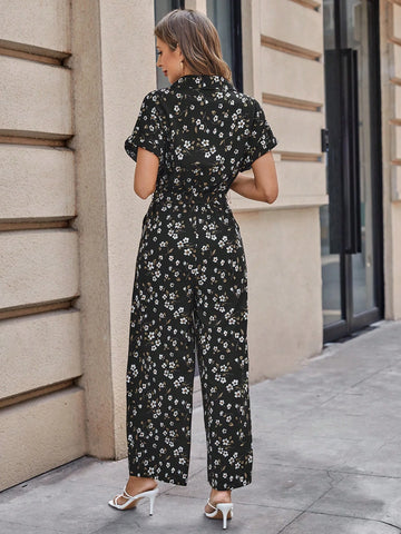 EMERY ROSE Ditsy Floral Print Belted Shirt Jumpsuit