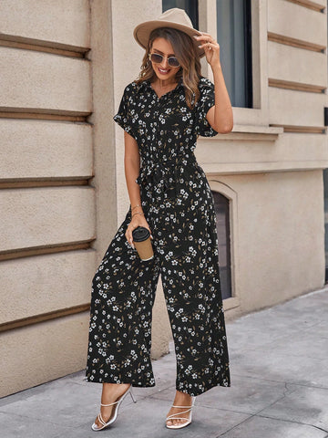 EMERY ROSE Ditsy Floral Print Belted Shirt Jumpsuit