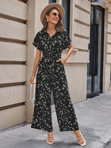 EMERY ROSE Ditsy Floral Print Belted Shirt Jumpsuit