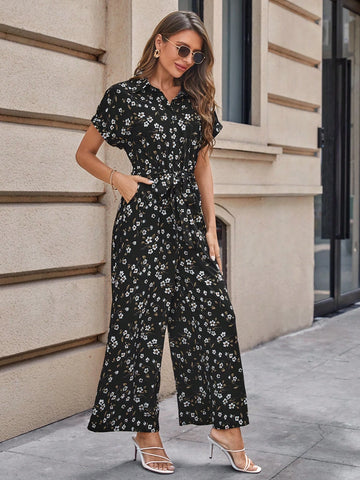 EMERY ROSE Ditsy Floral Print Belted Shirt Jumpsuit