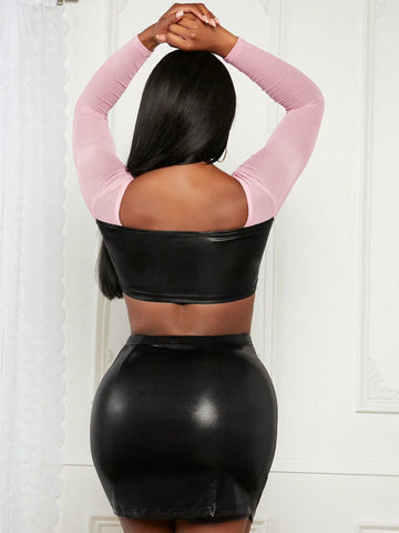 Colorblock Ring Linked Crop Top & Bodycon Skirt