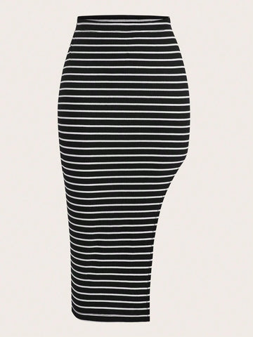 EZwear Striped Print Split Thigh Skirt