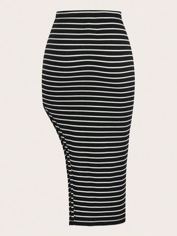 EZwear Striped Print Split Thigh Skirt