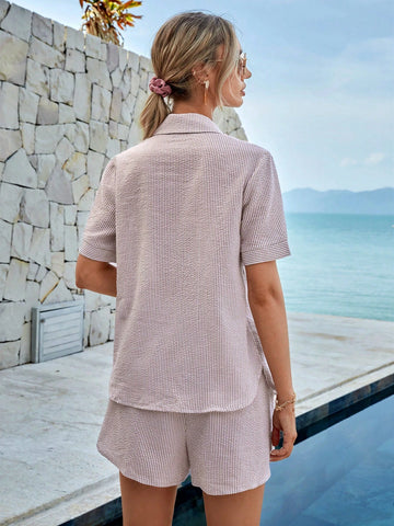 Striped Print Lapel Neck Blouse & Shorts