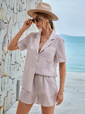 Striped Print Lapel Neck Blouse & Shorts