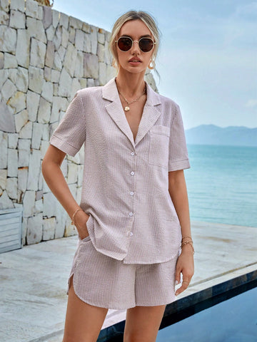 Striped Print Lapel Neck Blouse & Shorts