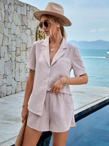 Striped Print Lapel Neck Blouse & Shorts