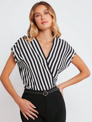 Striped Print Batwing Sleeve Wrap Detail Top