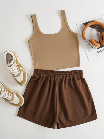 Mountain & Letter Graphic Tank Top & Drawstring Waist Shorts