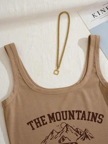 Mountain & Letter Graphic Tank Top & Drawstring Waist Shorts