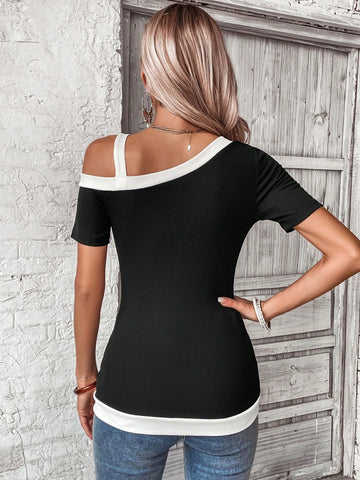 EMERY ROSE Contrast Trim Asymmetrical Neck Tee