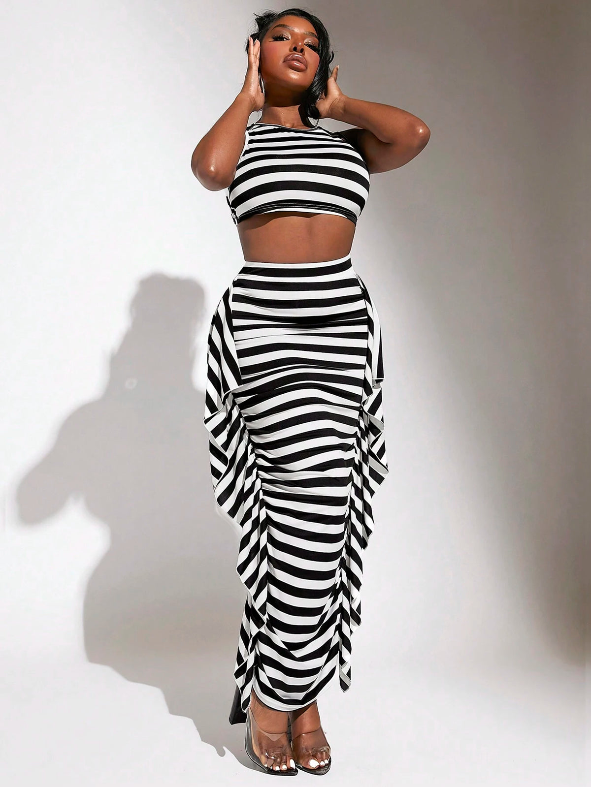 Striped Crop Tank Top & Ruffle Trim Skirt