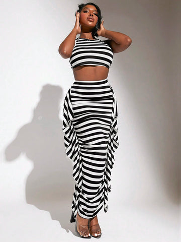 Striped Crop Tank Top & Ruffle Trim Skirt