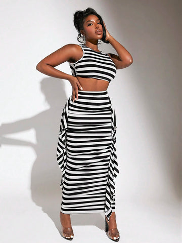 Striped Crop Tank Top & Ruffle Trim Skirt