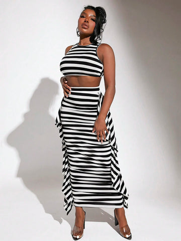 Striped Crop Tank Top & Ruffle Trim Skirt