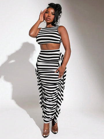 Striped Crop Tank Top & Ruffle Trim Skirt