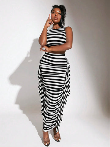 Striped Crop Tank Top & Ruffle Trim Skirt