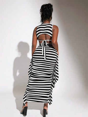 Striped Crop Tank Top & Ruffle Trim Skirt