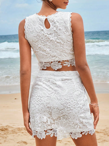 Solid Lace Tank Top & Skirt