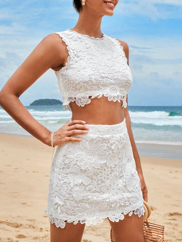 Solid Lace Tank Top & Skirt