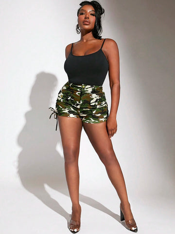 SXY Camo Print Drawstring Side Cargo Shorts