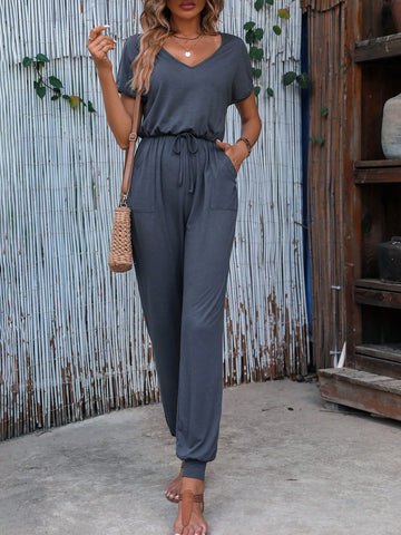 Solid Drawstring Waist Slant Pocket Tee Jumpsuit