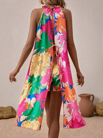 Floral Print High Low Hem Halter Top & Shorts