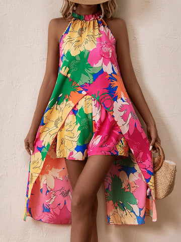Floral Print High Low Hem Halter Top & Shorts