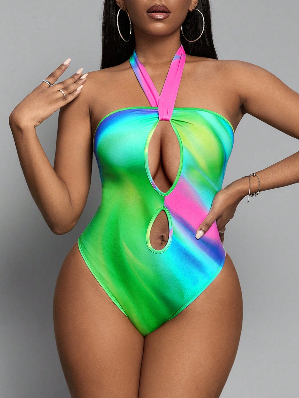 Ombre Cut Out Halter Neck Backless Bodysuit