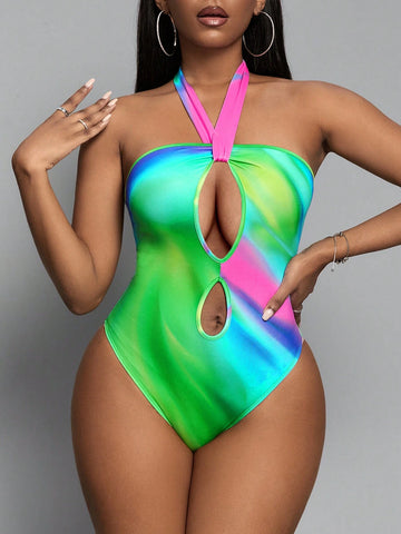 Ombre Cut Out Halter Neck Backless Bodysuit
