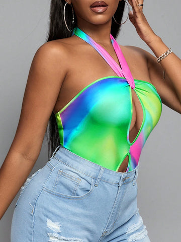 Ombre Cut Out Halter Neck Backless Bodysuit